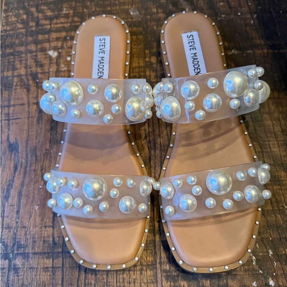 Steve Madden Pearl-Embellished Clear Strap Tan Slide Sandals